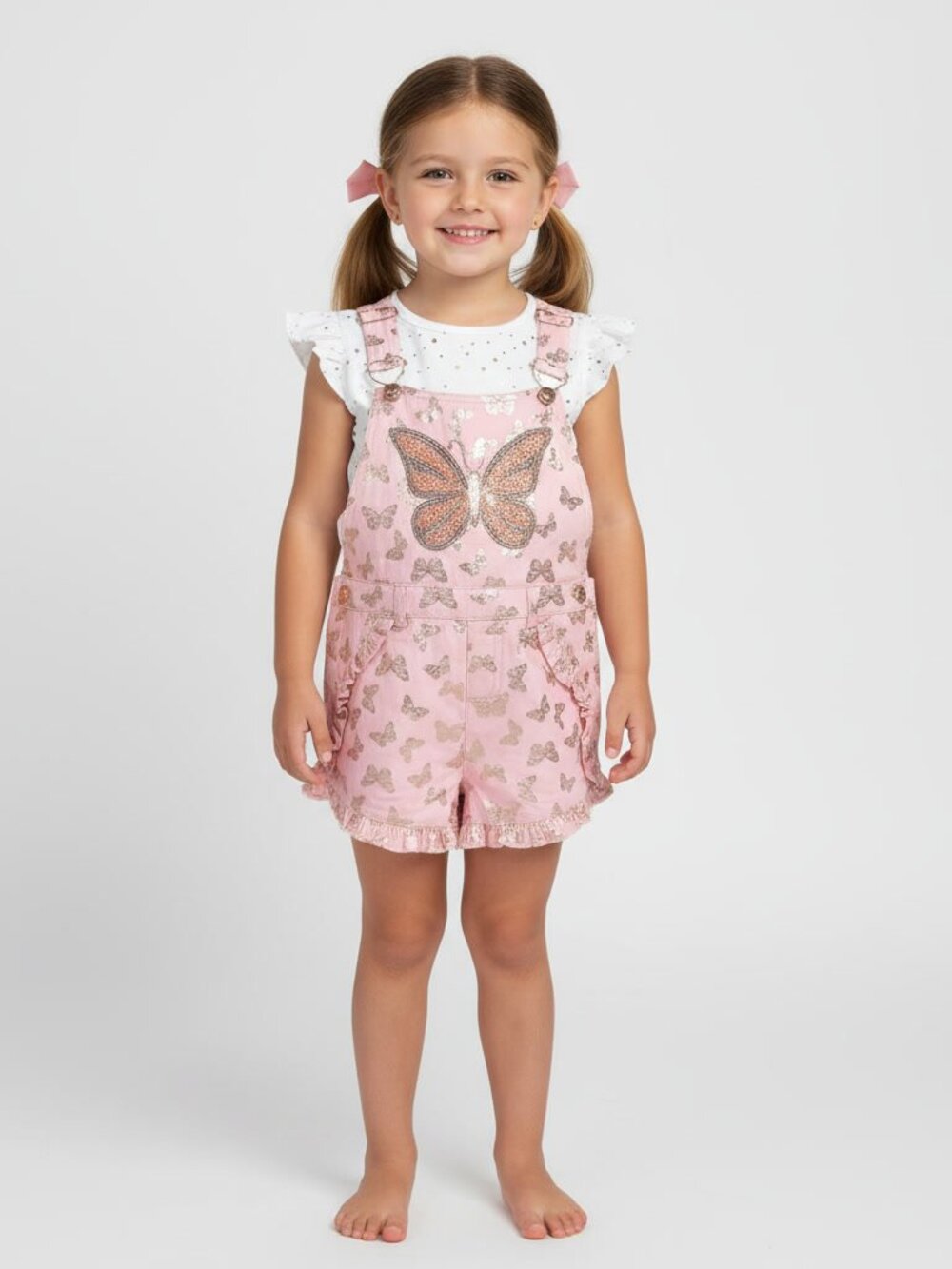 Little Lass Girls 2-Piece Set Denim Ruffled Overall Romper Shorts Shirt Coral - Picture 5 of 5